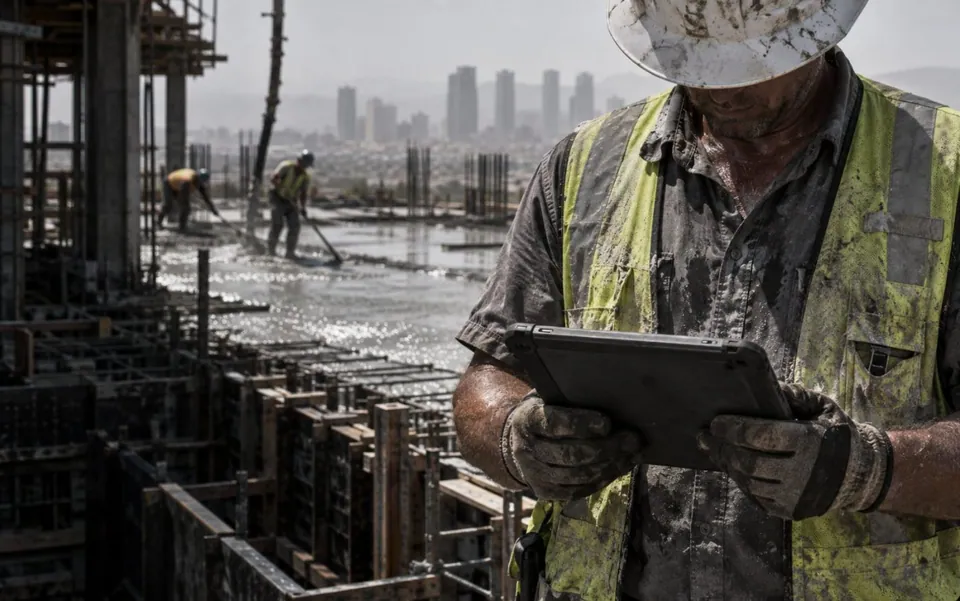 Site foreman reading a tablet in glaring afternoon sun on a concrete deck