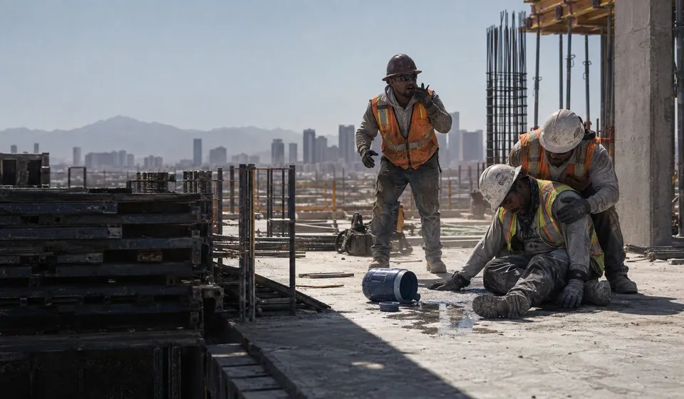 Construction crew attending a worker down from heat on a concrete deck in the afternoon sun